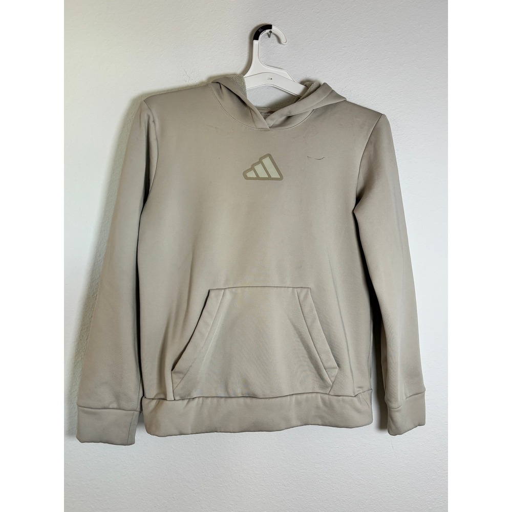 Adidas Youth Boys Large 14/16 Fleece Lined Hoodie Beige Tan Logo Sweatshirt